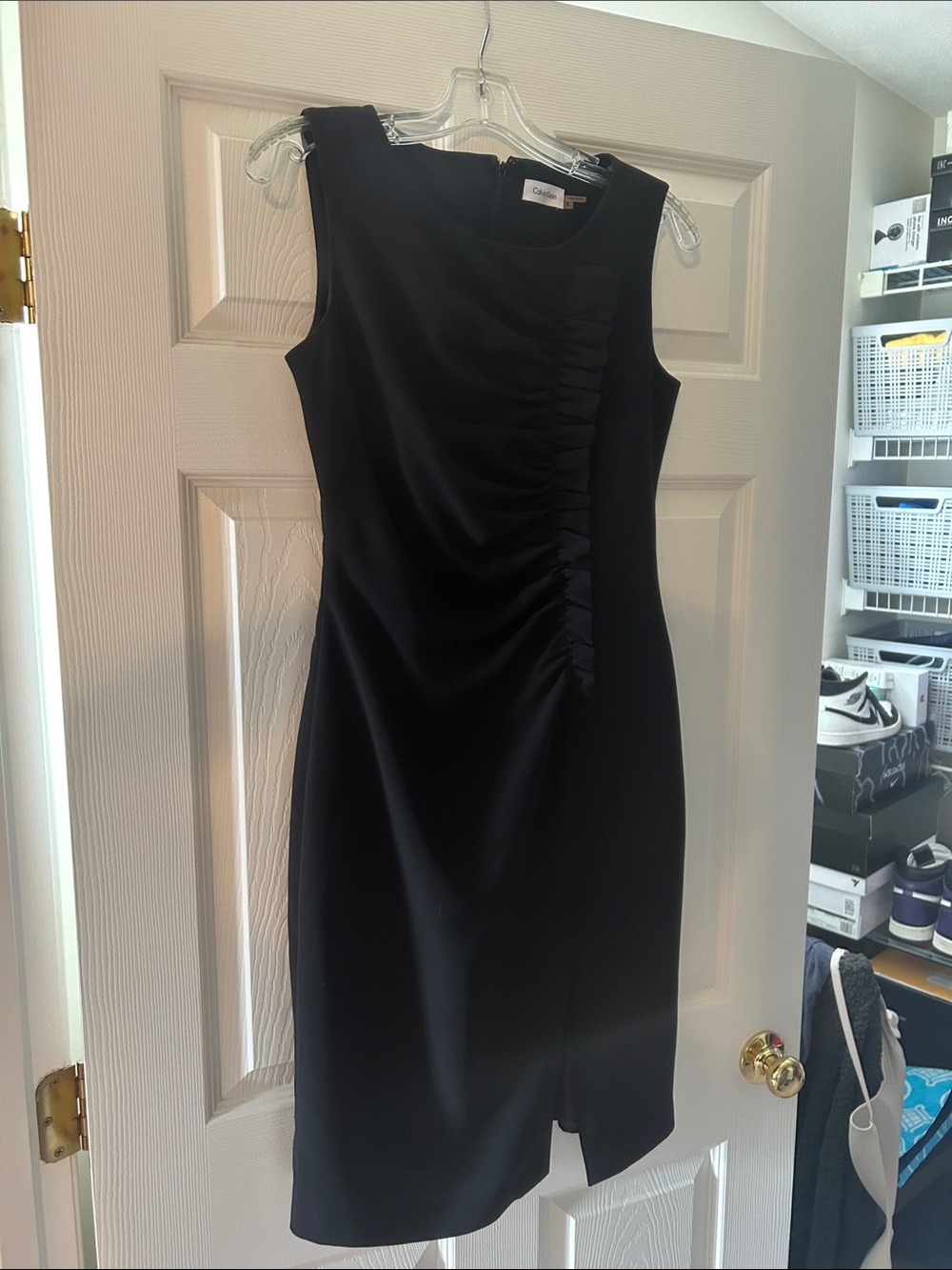 Calvin Klein Black Sleeveless Ruched Midi Dress